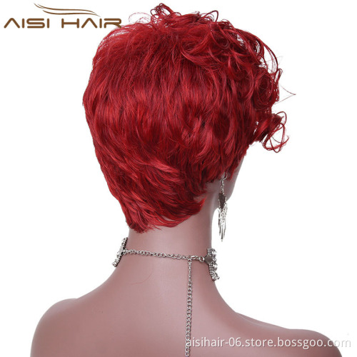 The Best Selling Cosplay Short Curly Wigs For Black Women Synthetic Wine Red Color Fiber High Temperature Wig With Bangs
